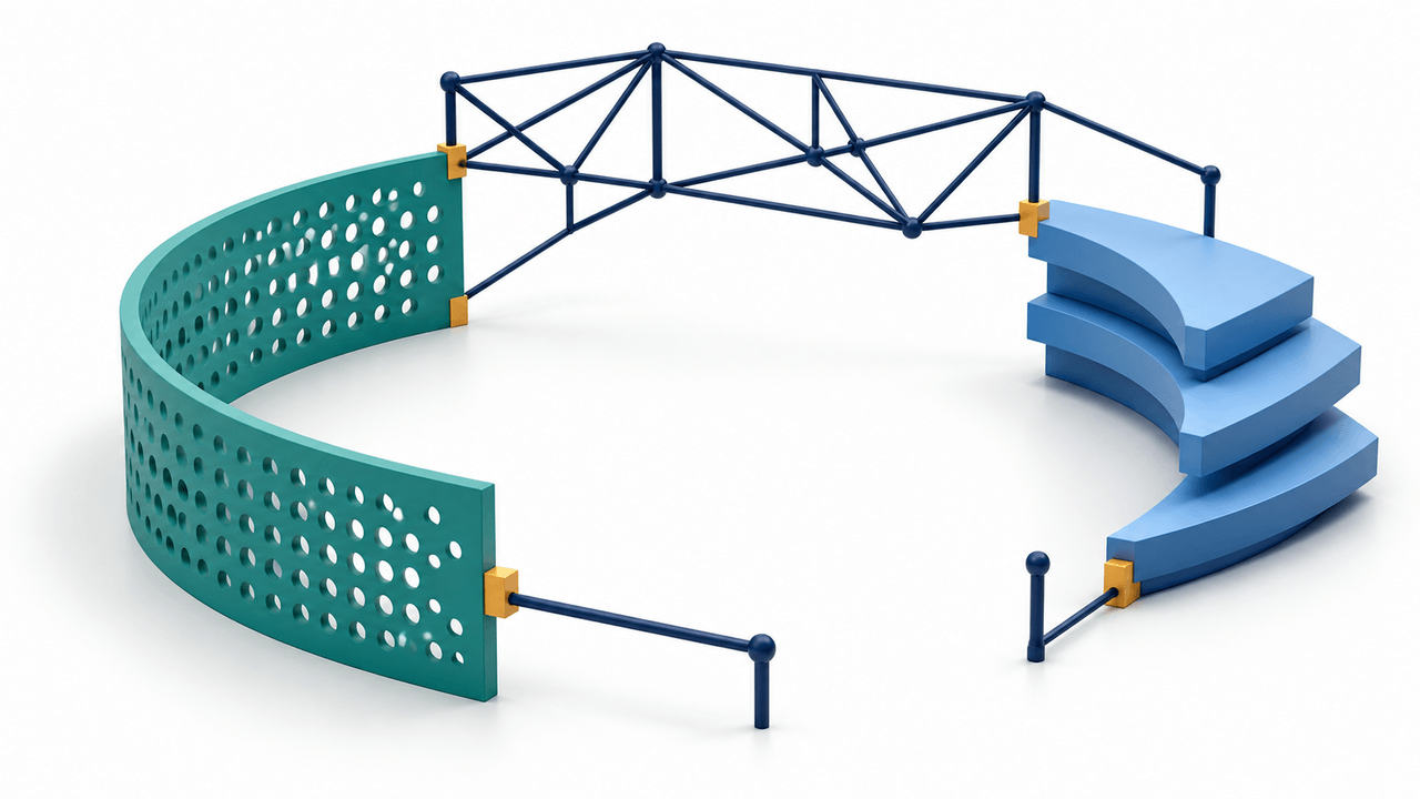 A curved teal perforated panel, a navy rod framework and blue stacked forms are joined by amber connectors, leaving an open gap at the front.