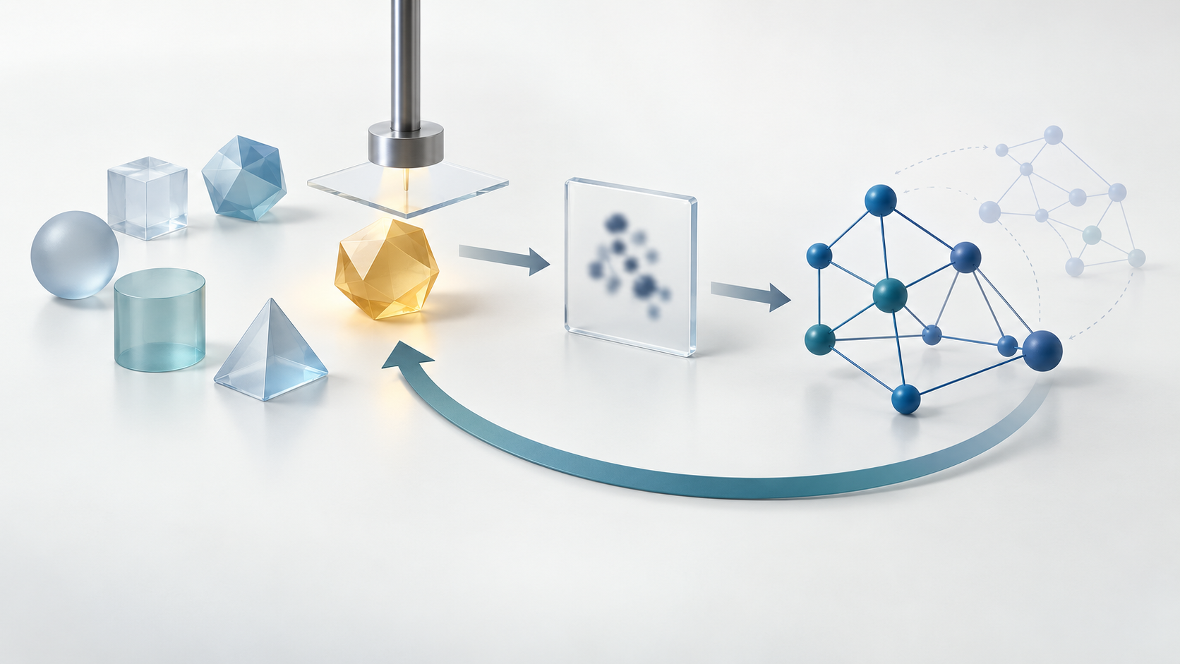 An amber candidate is selected from translucent forms for an illustrative measurement. An observation tile connects to a blue relational model; a return path leads toward the candidates, with a faint alternative model still visible.