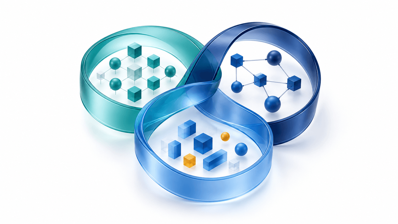 Three interlinked teal, navy and blue bands surround geometric forms: an arrangement on a grid, a sparse network, and revised shapes with small amber highlights.
