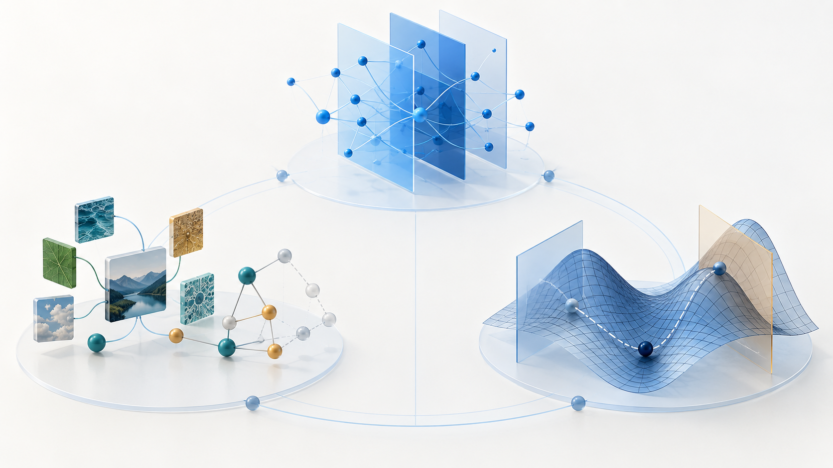 Three connected groups show a blue network across representation planes, observation tiles beside a revisable model, and a curved mathematical surface intersected by constraint planes.