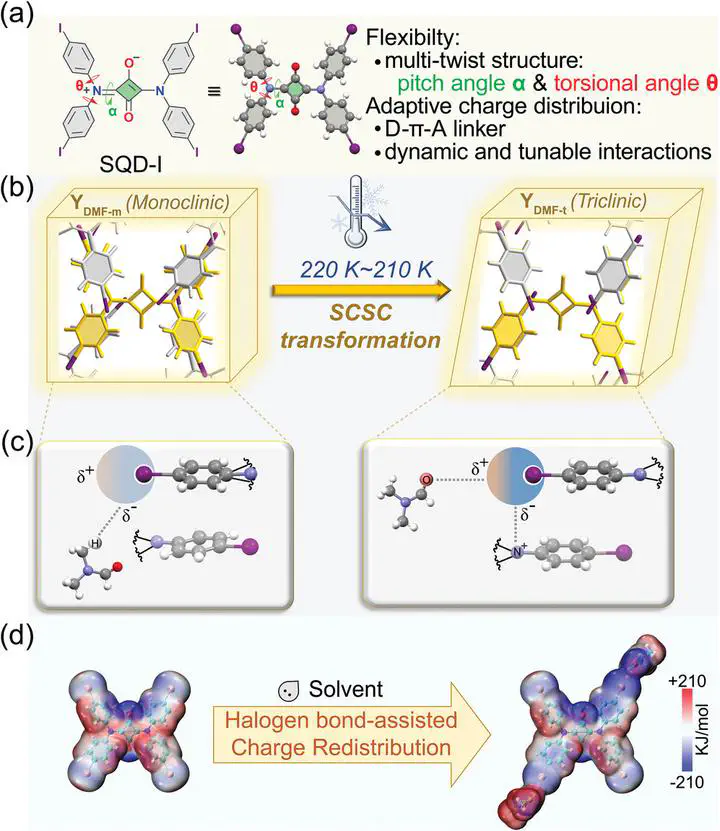 Four panels show SQD-I geometry, a monoclinic-to-triclinic crystal transition on cooling, iodine interactions with solvent and neighboring molecules, and electrostatic-potential surfaces.